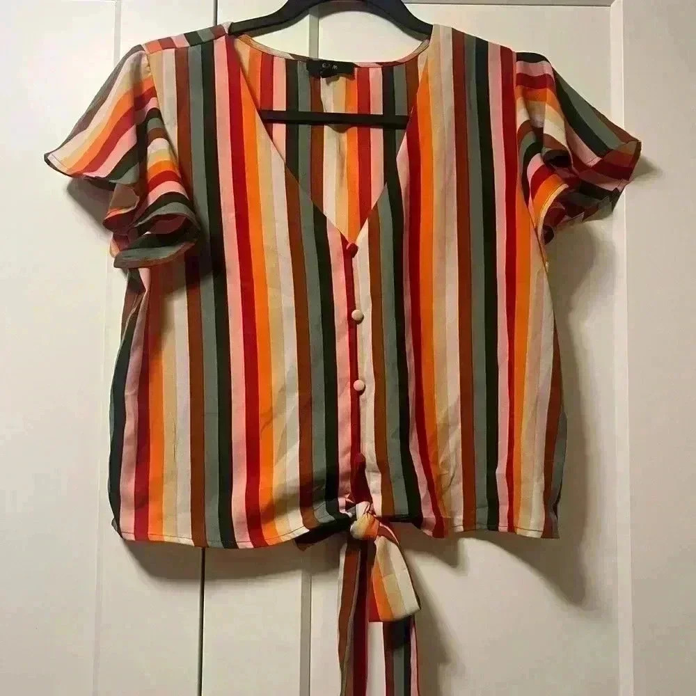 Striped Flutter Sleeve Shirt - size L